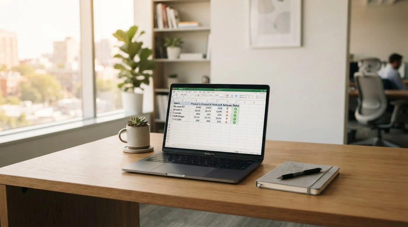 Clean desk setup with laptop showing casino comparison spreadsheet