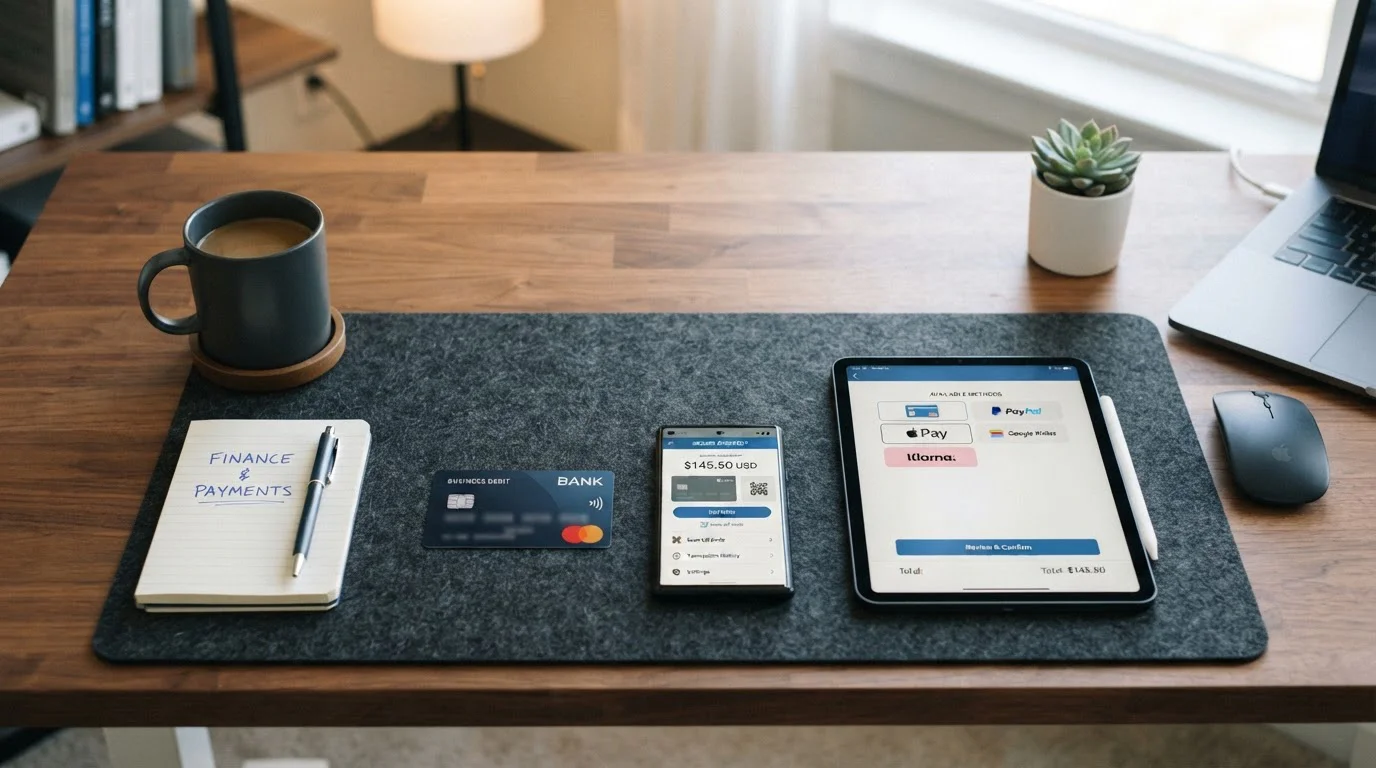 Desk with debit card and smartphone showing casino payment options