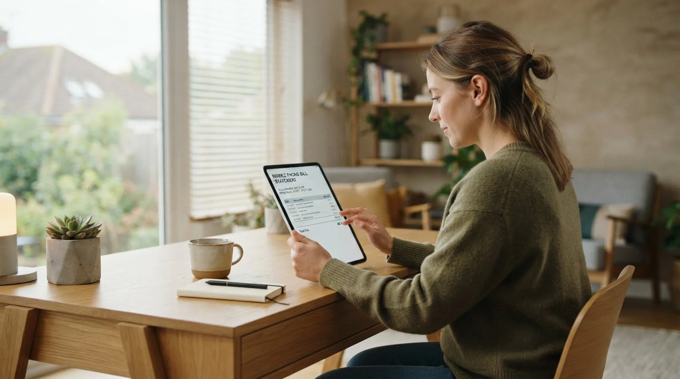 Person reviewing mobile phone bill statement on tablet