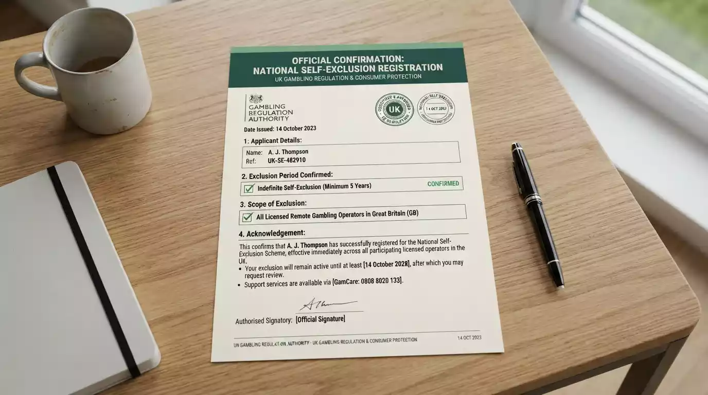 Document showing GAMSTOP self-exclusion registration confirmation