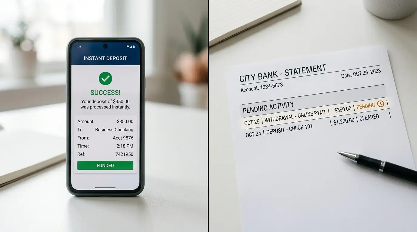 Split-screen comparison showing instant Google Pay deposit versus delayed bank transfer withdrawal
