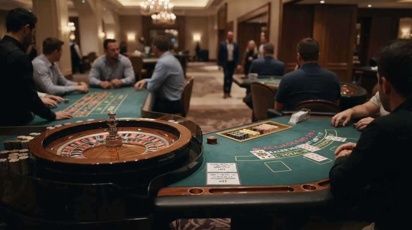 European roulette wheel and blackjack table with strategy cards