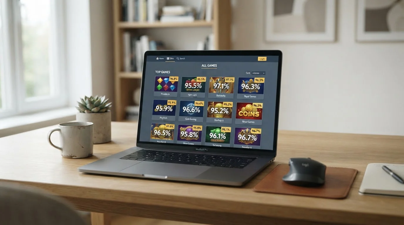 Grid of slot game reels showing high-RTP titles and provider logos