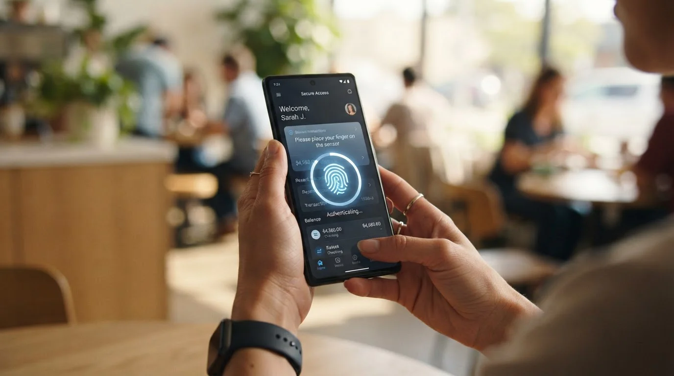 Person authenticating instant bank transfer payment on smartphone using banking app