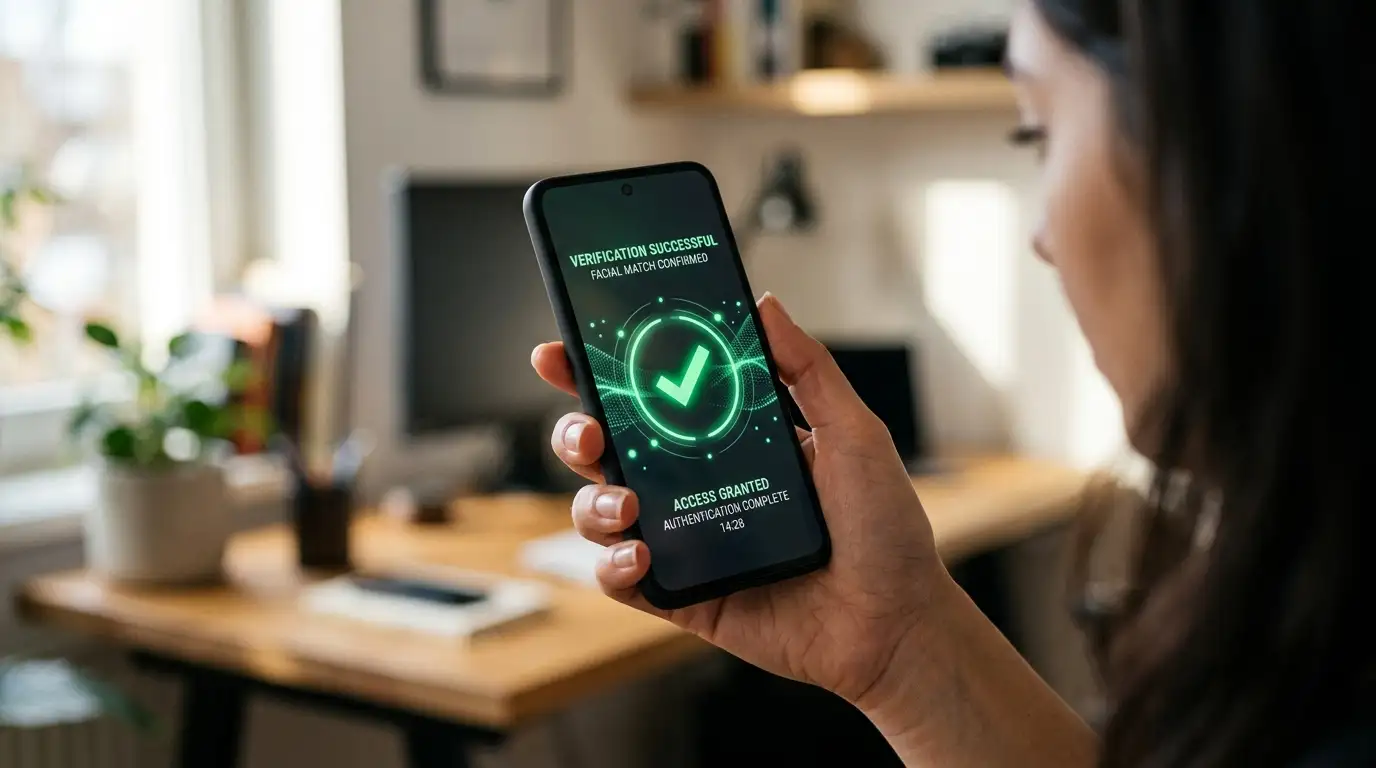 Person using smartphone for biometric verification with facial recognition interface