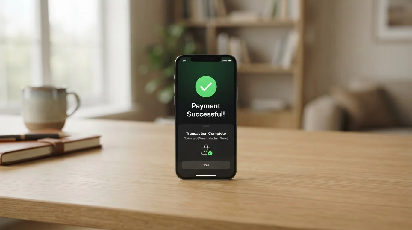 Modern smartphone displaying generic payment app with completed transaction notification