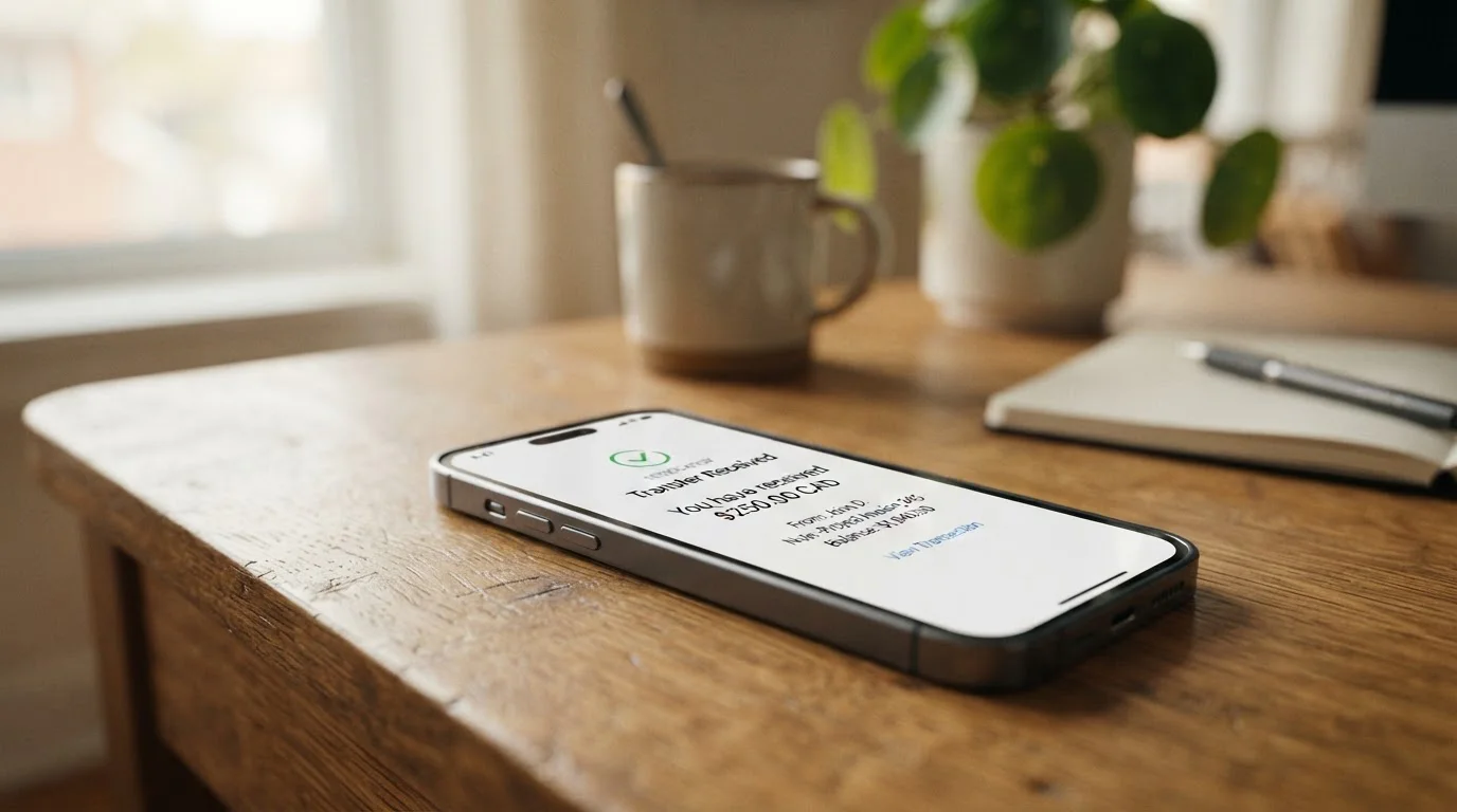 Smartphone displaying Interac e-Transfer notification with casino payout pending