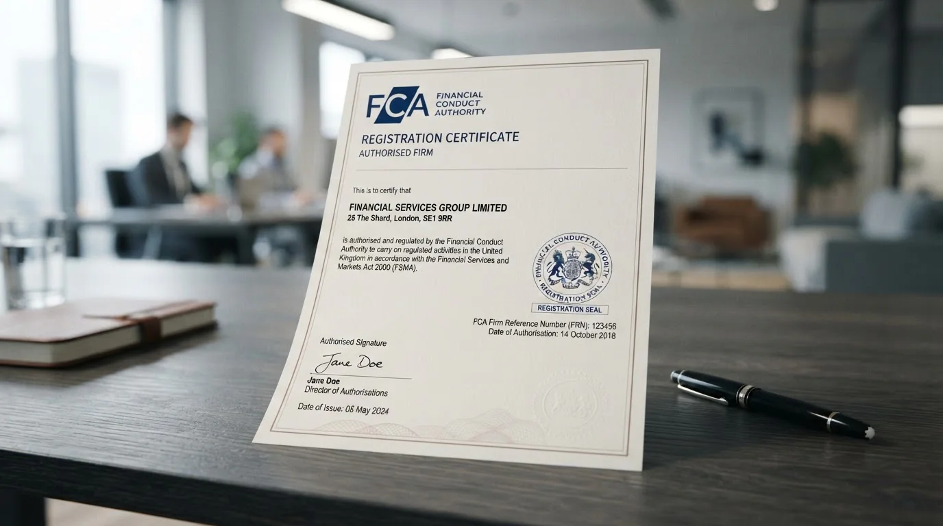 Official UK Financial Conduct Authority registration document with seal