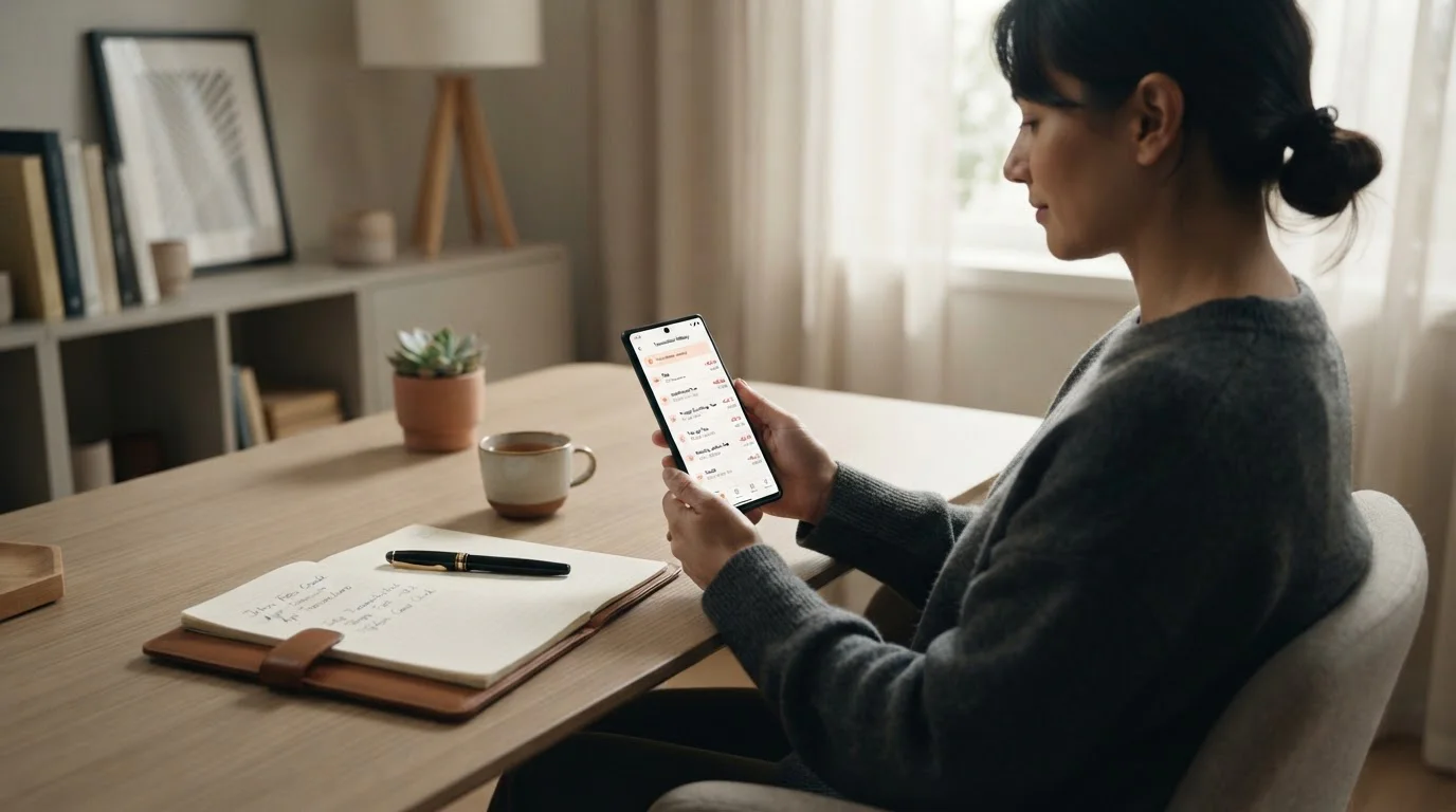 Person reviewing banking fees on smartphone with Jeton wallet app open