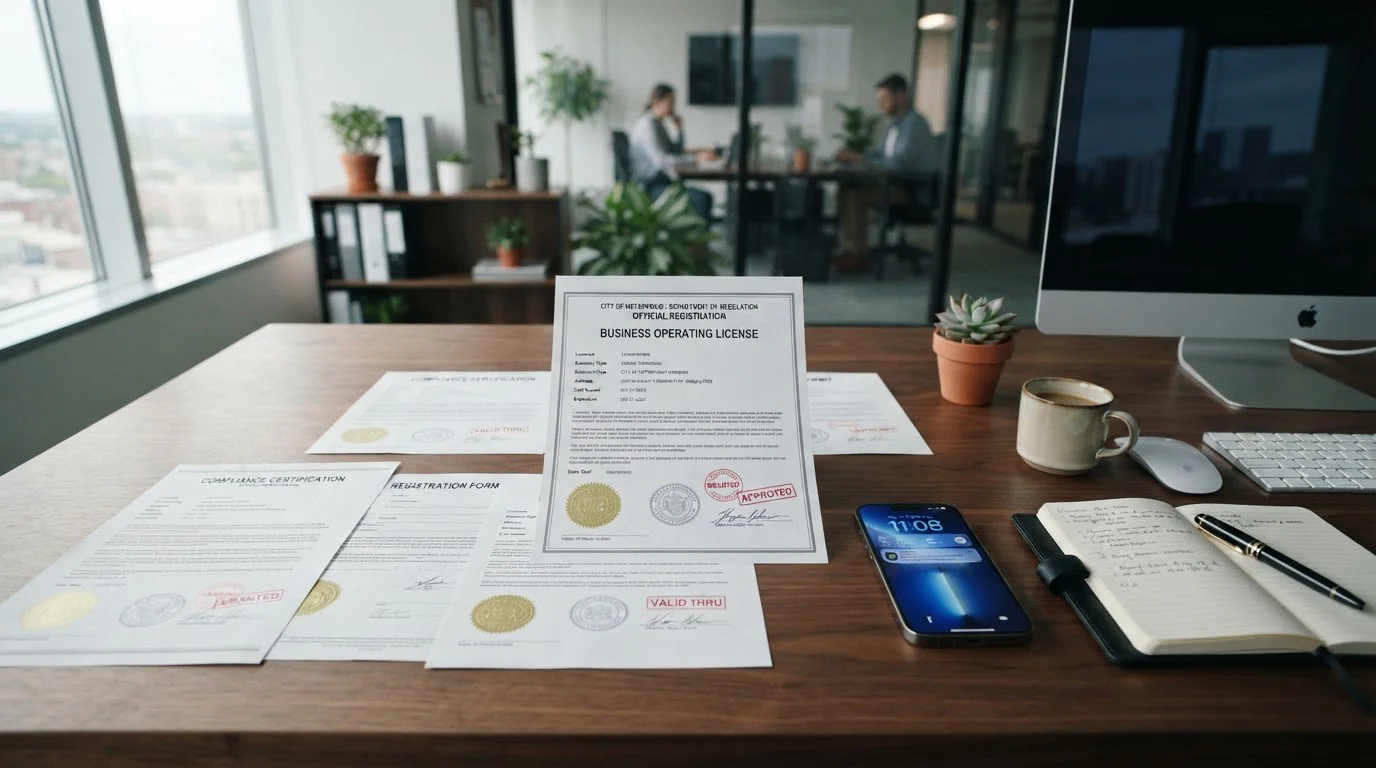 Modern office workspace with mobile phone and casino licensing documents
