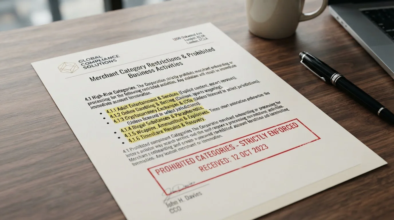 Document with prohibited merchant categories and regulatory guidelines