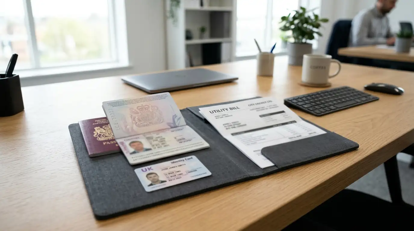 Document folder with passport and utility bill ready for verification