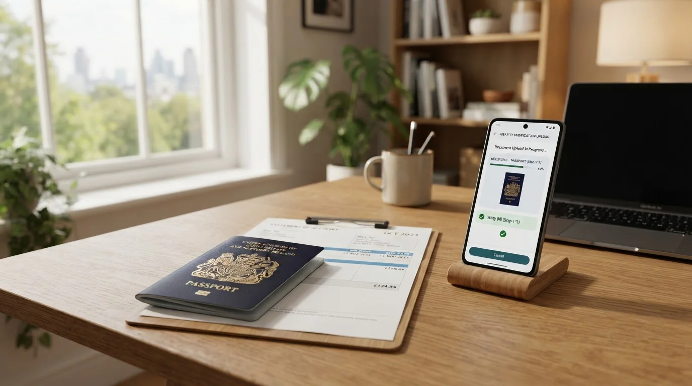 Desk with passport, utility bill, and smartphone showing casino KYC upload screen