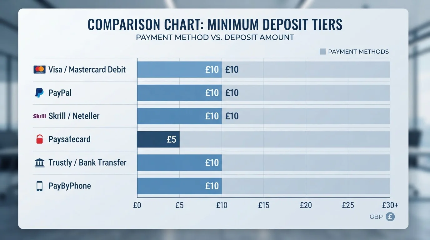 Comparison chart showing minimum deposit amounts across different payment methods at UK casinos