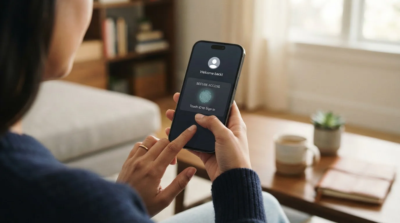 Mobile phone showing casino banking app with biometric authentication
