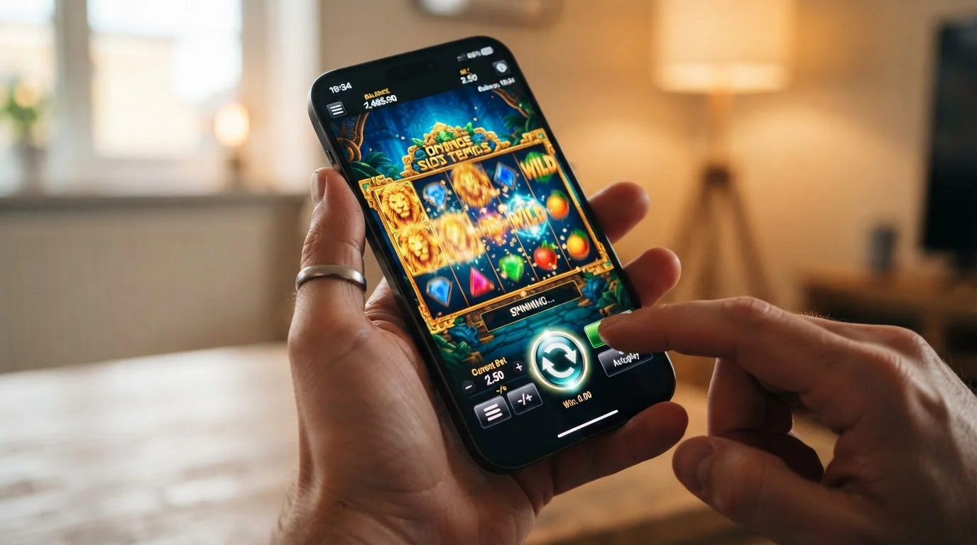 Slot game reels spinning on mobile screen showing Pragmatic Play title