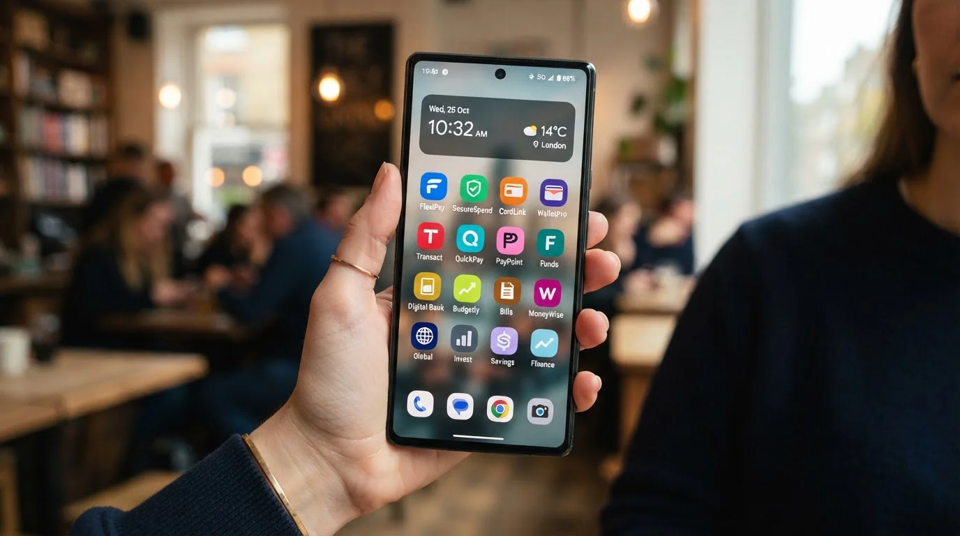 Smartphone displaying multiple e-wallet payment apps including PayPal and digital banking