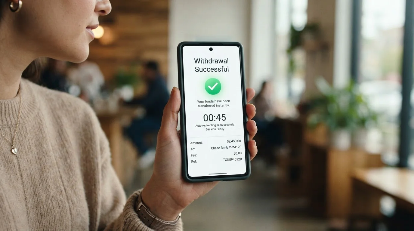 Clock showing 60-second countdown with instant withdrawal confirmation screen