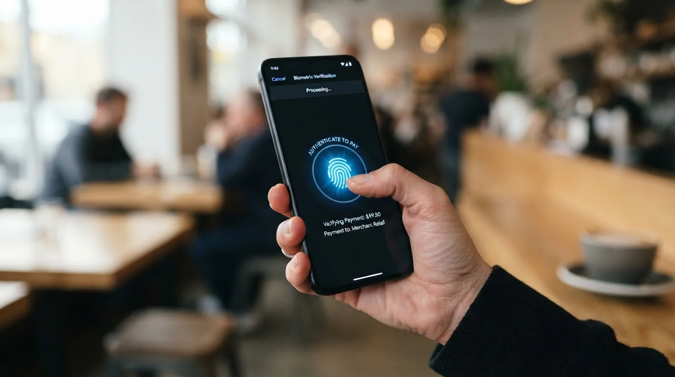 Smartphone showing biometric fingerprint authentication approval for casino deposit