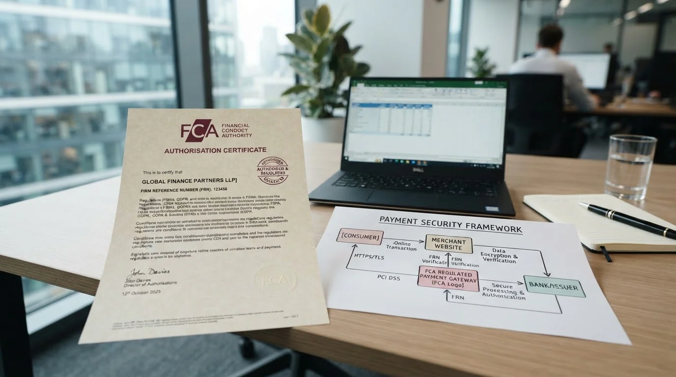 FCA authorisation document and secure payment infrastructure diagram