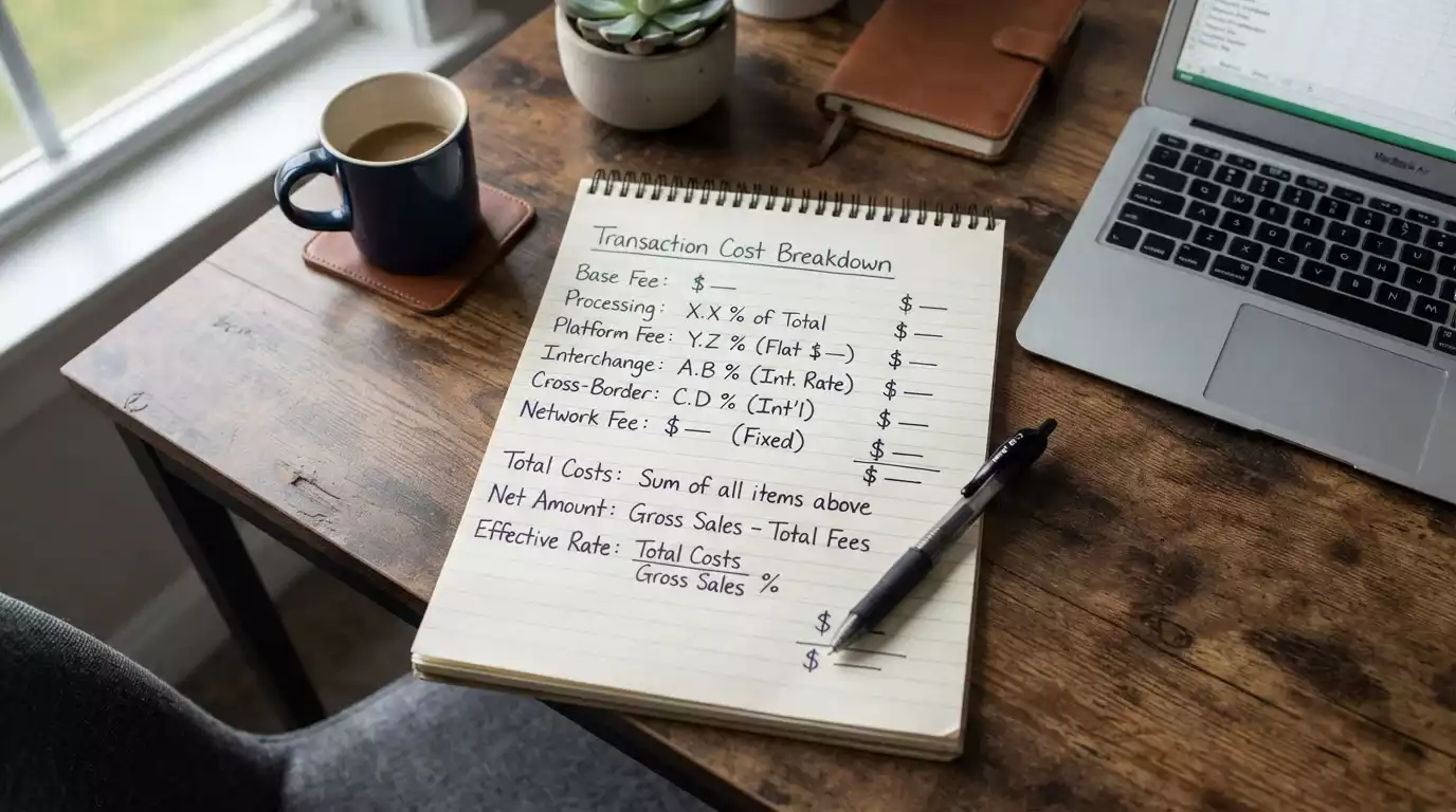 Notepad with fee calculation breakdown showing deposit and withdrawal costs