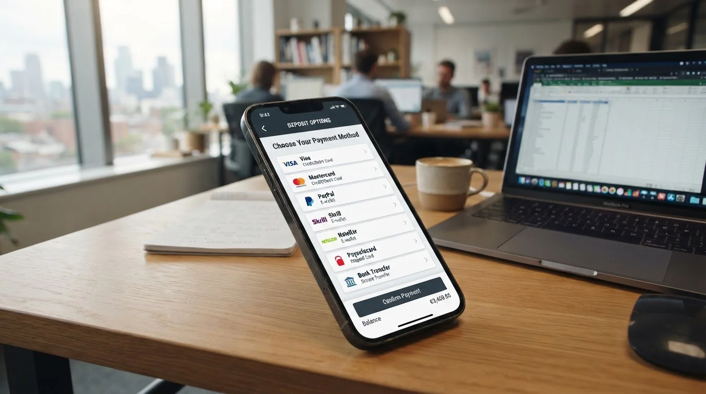 Mobile phone displaying casino payment options with PayPal and instant bank transfer visible
