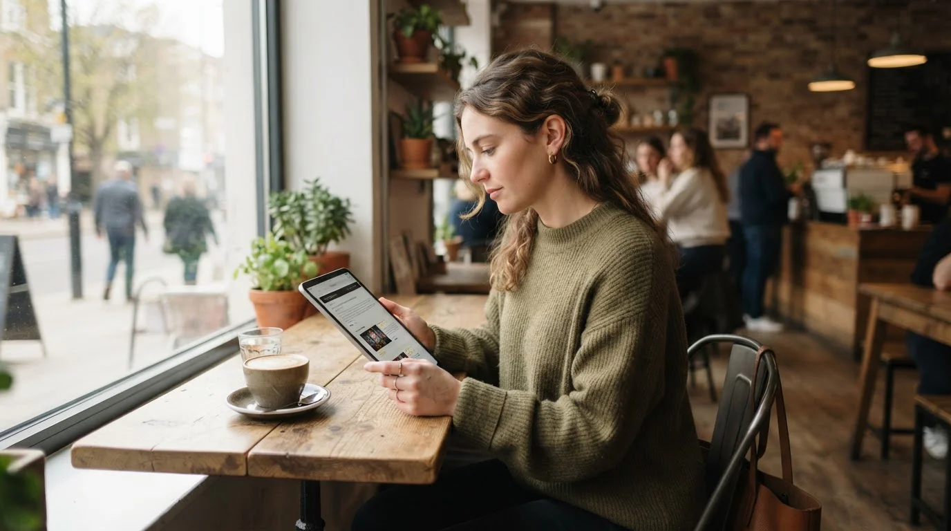 Person reading casino reviews on tablet at coffee shop table