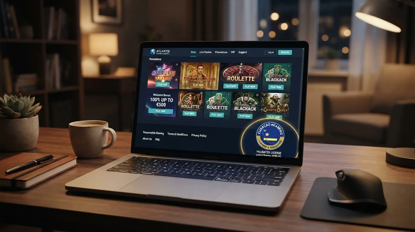 Laptop screen showing offshore casino website with Curaçao licence seal