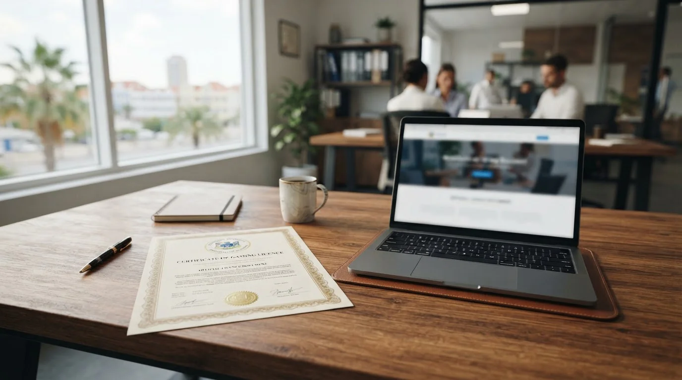 Curaçao gaming licence document next to laptop