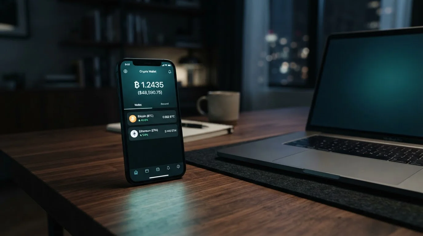 Smartphone displaying cryptocurrency wallet with Bitcoin and Ethereum symbols on dark desk