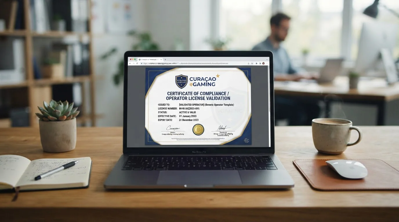 Curaçao eGaming licence certificate displayed on laptop screen