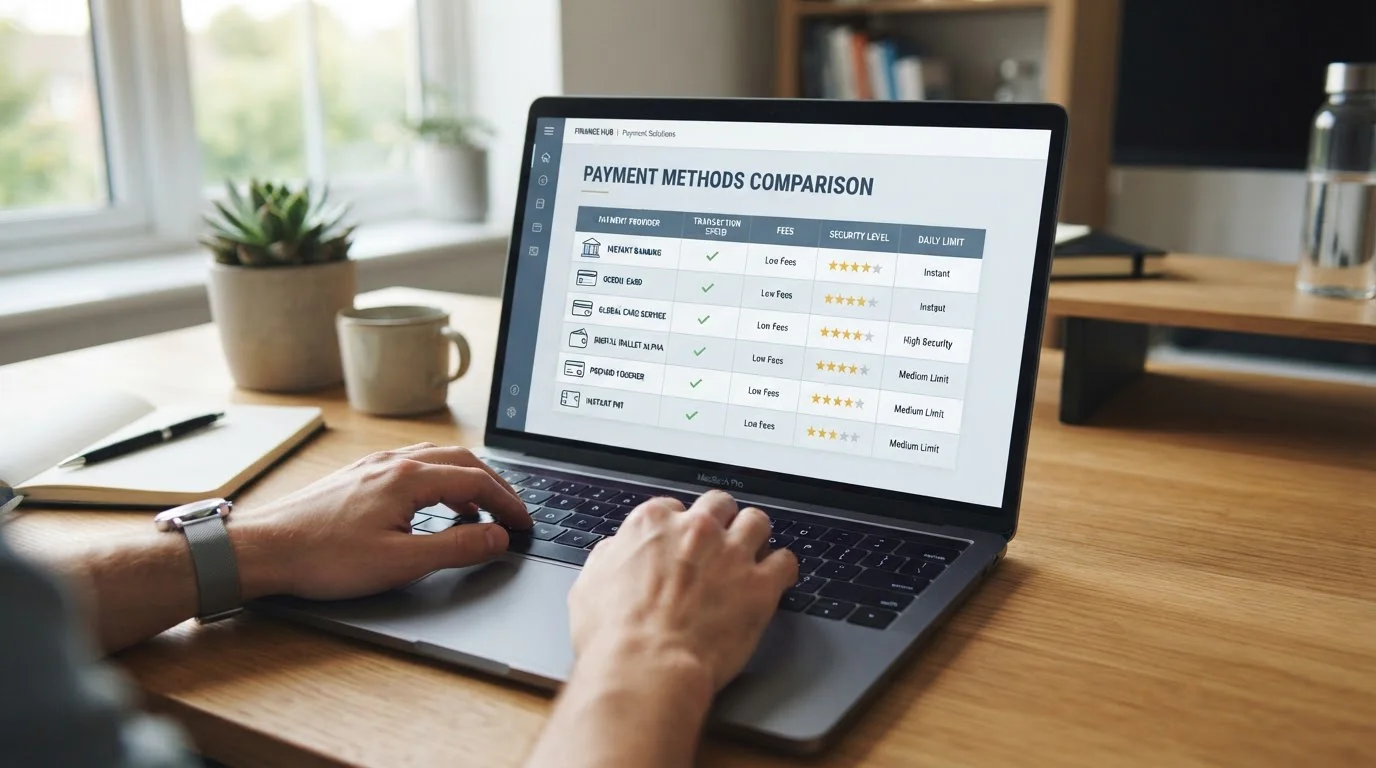 Laptop showing a side-by-side comparison table of casino payment methods