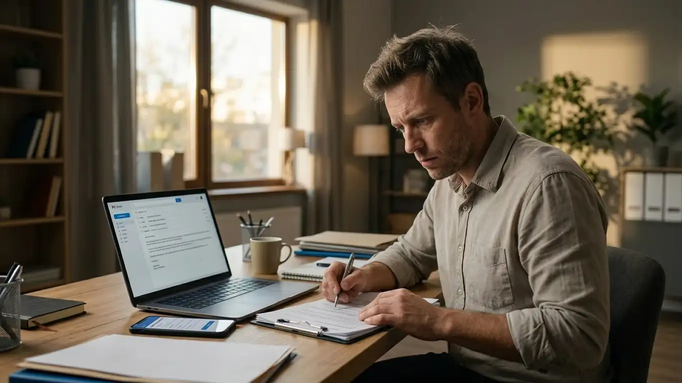 Concerned person at desk reviewing documents and email correspondence about casino dispute
