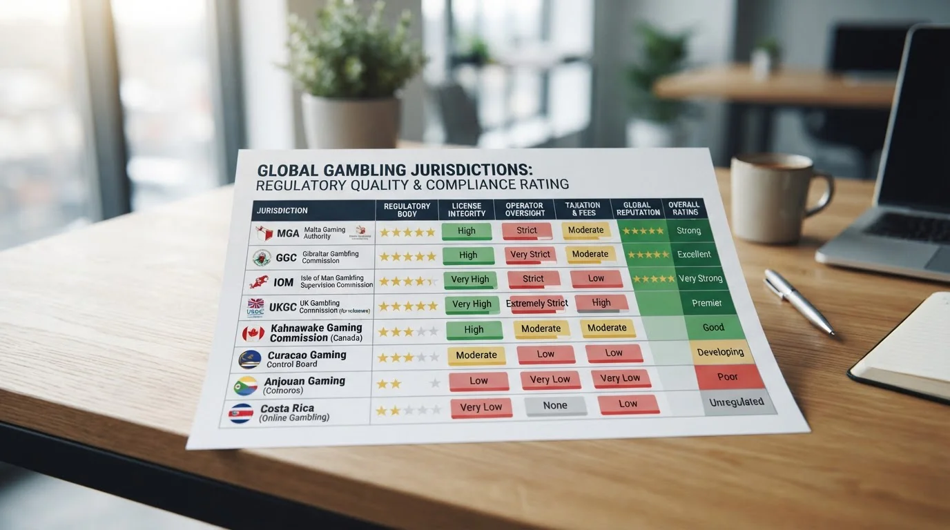 Comparison chart showing casino licences and trust ratings across platforms