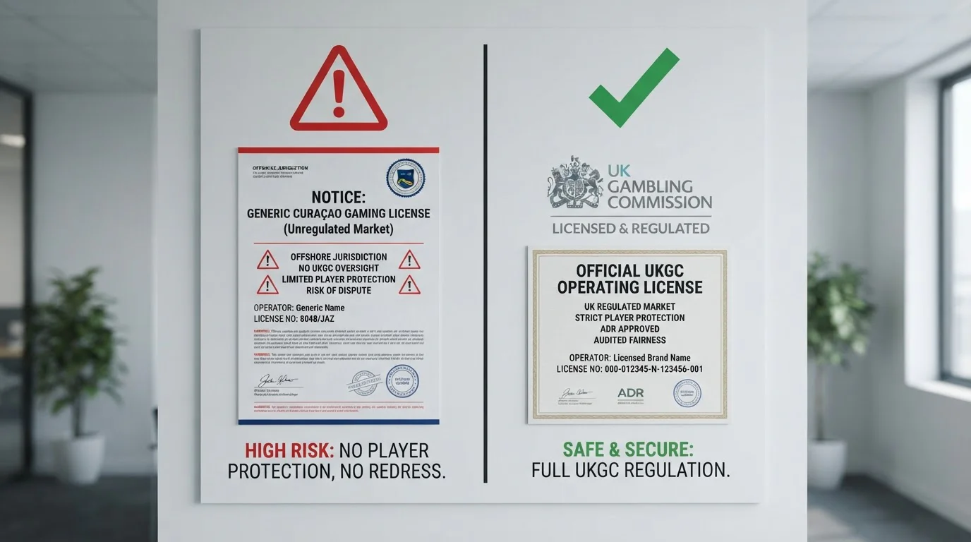 Warning sign with offshore casino branding and Curaçao licence versus UKGC approved badge
