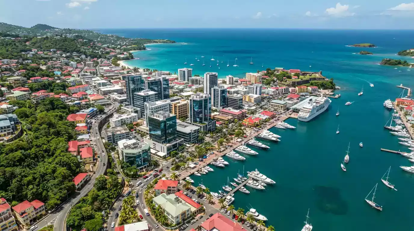 Aerial view of a Caribbean offshore business district beside a harbour