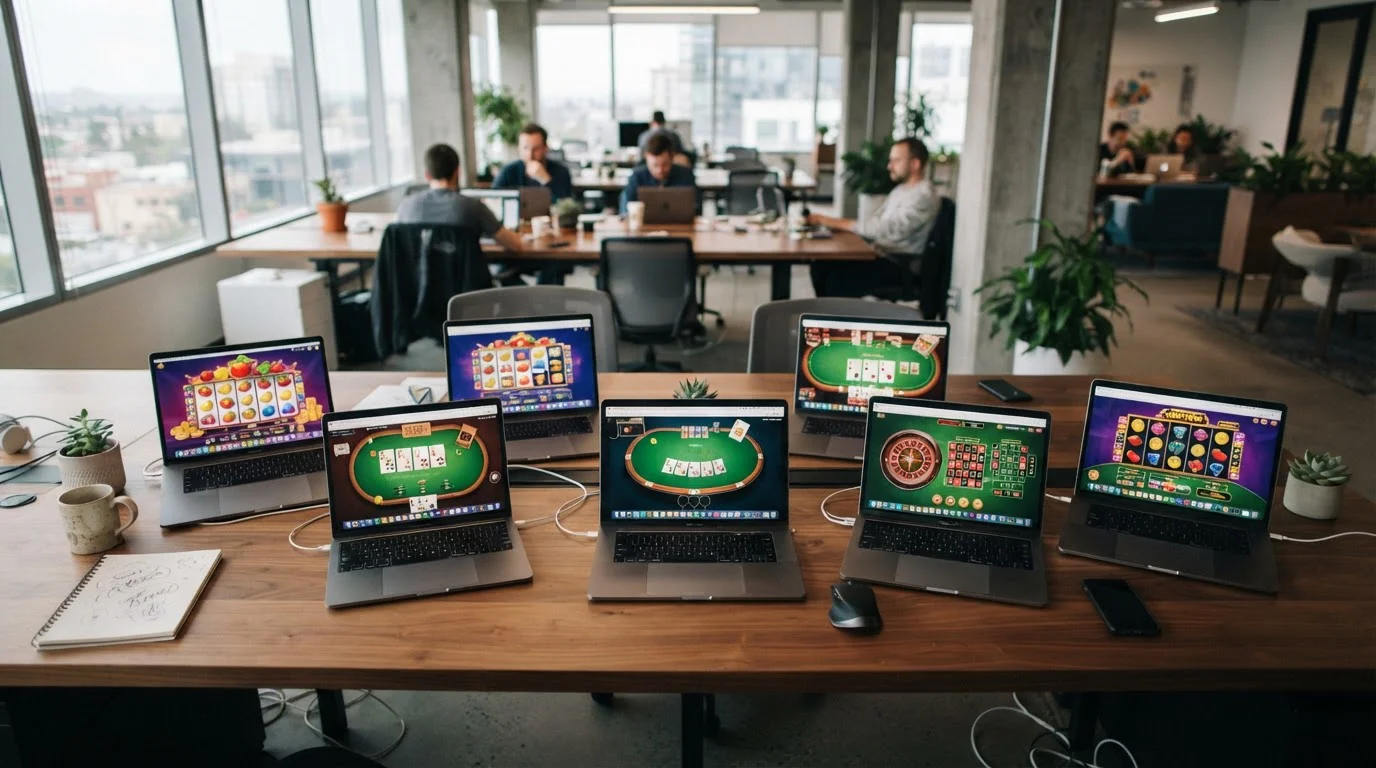 Multiple offshore casino website interfaces displayed on laptop screens