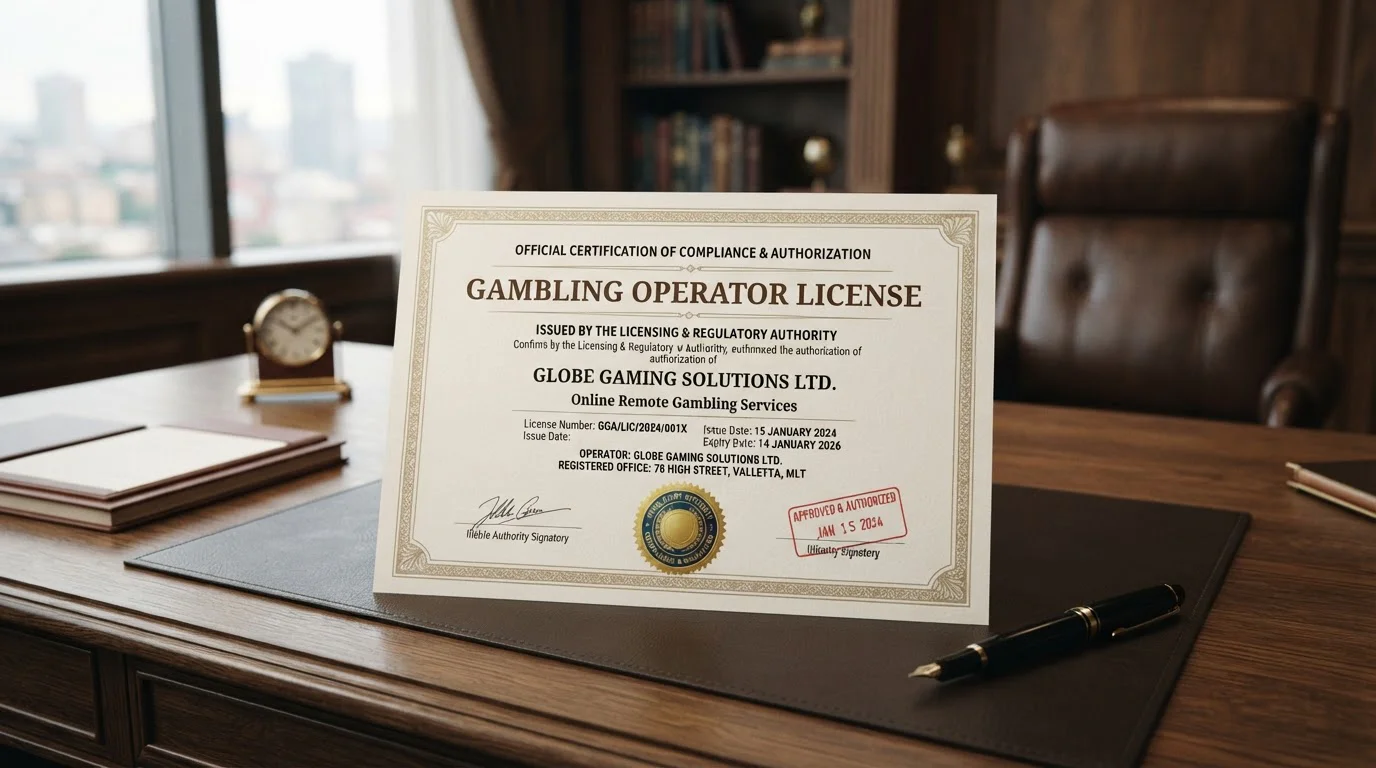 Official gambling licence document with regulatory seal