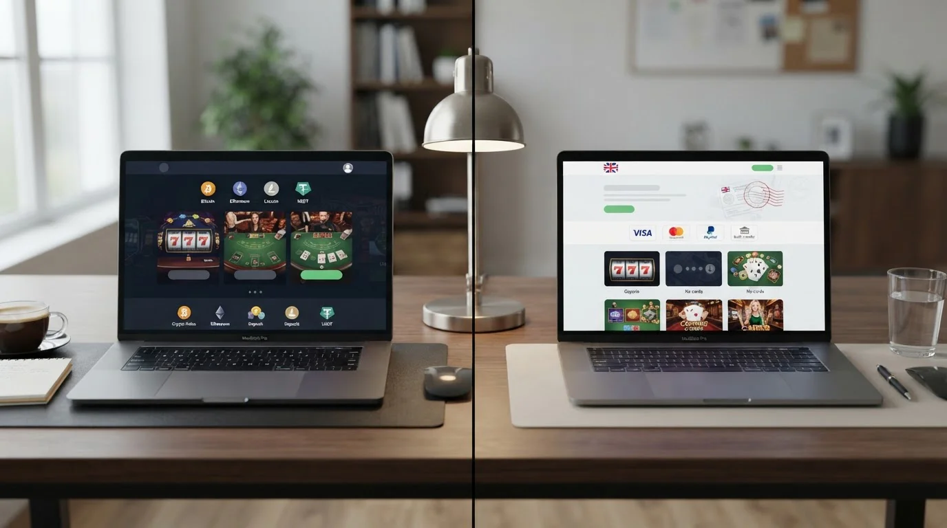 Split comparison scene showing offshore casino interface on left and UKGC licensed casino on right