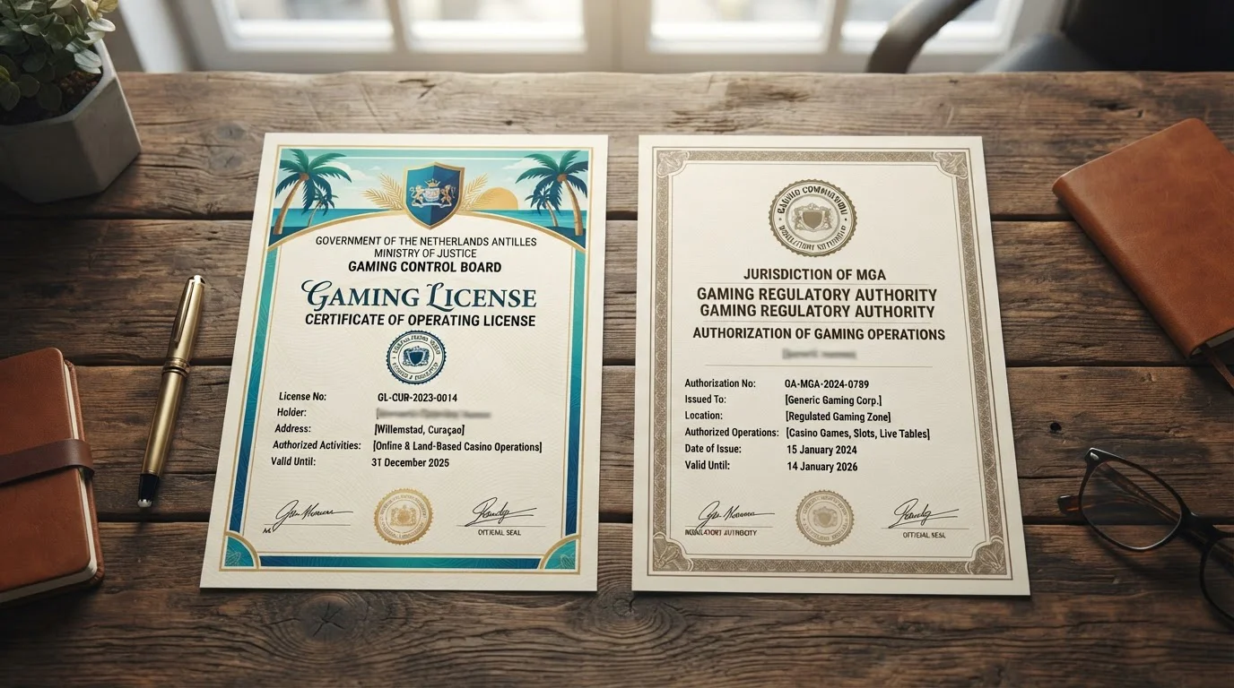 Comparison of offshore casino licence certificates from Curaçao and Anjouan on desk