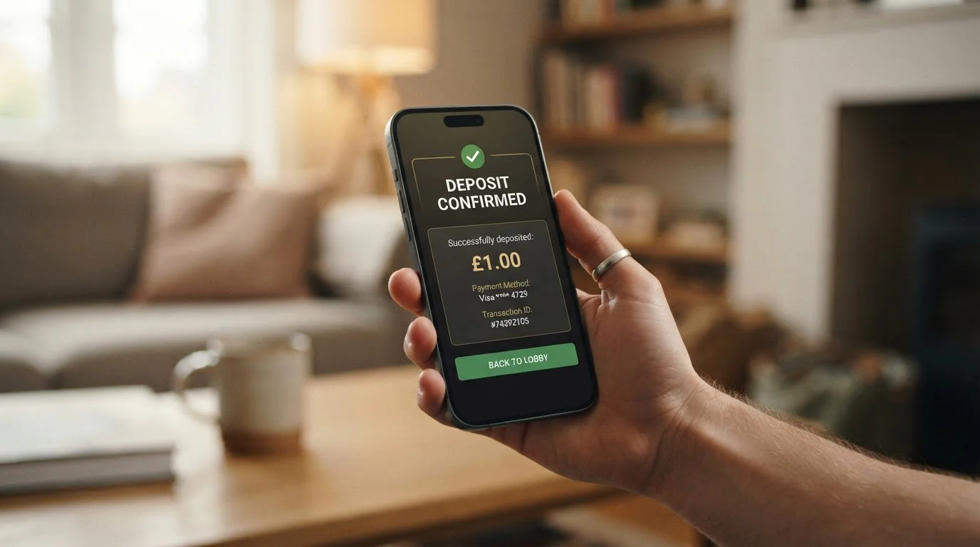 Mobile phone displaying casino deposit screen with £1 amount