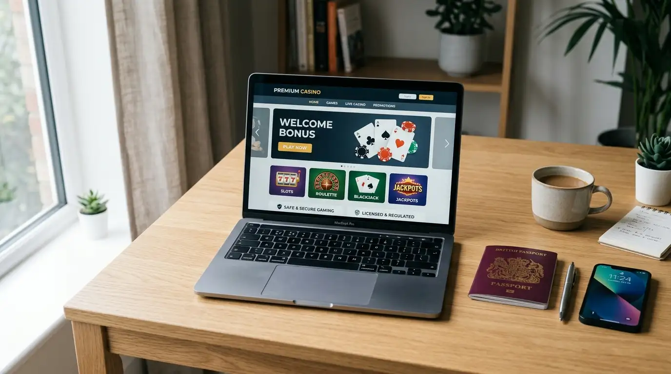 Modern laptop displaying casino website with UK passport and smartphone on desk
