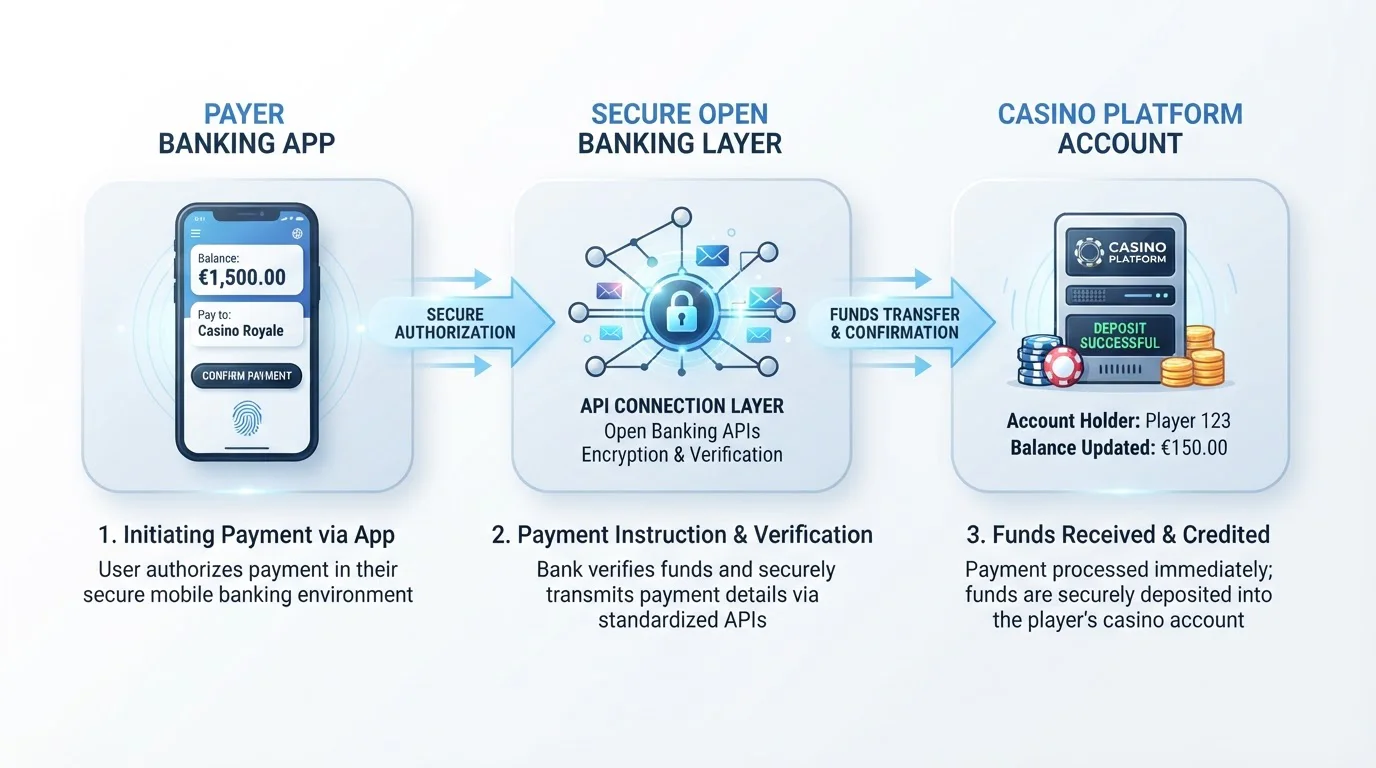 Diagram showing Open Banking payment flow from player bank account to casino balance