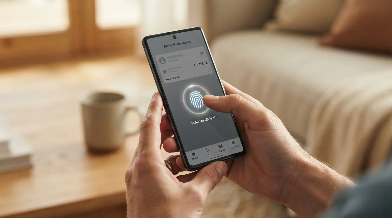 Person authenticating Open Banking payment through mobile banking app with biometric fingerprint