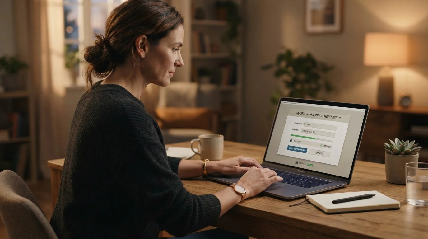 Person using a laptop to authorise an instant bank payment through a secure banking portal