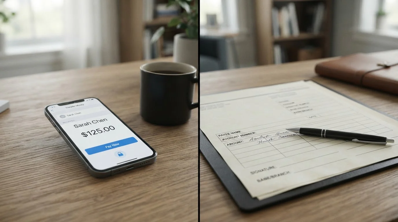 Comparison of modern Open Banking interface versus traditional bank wire transfer form