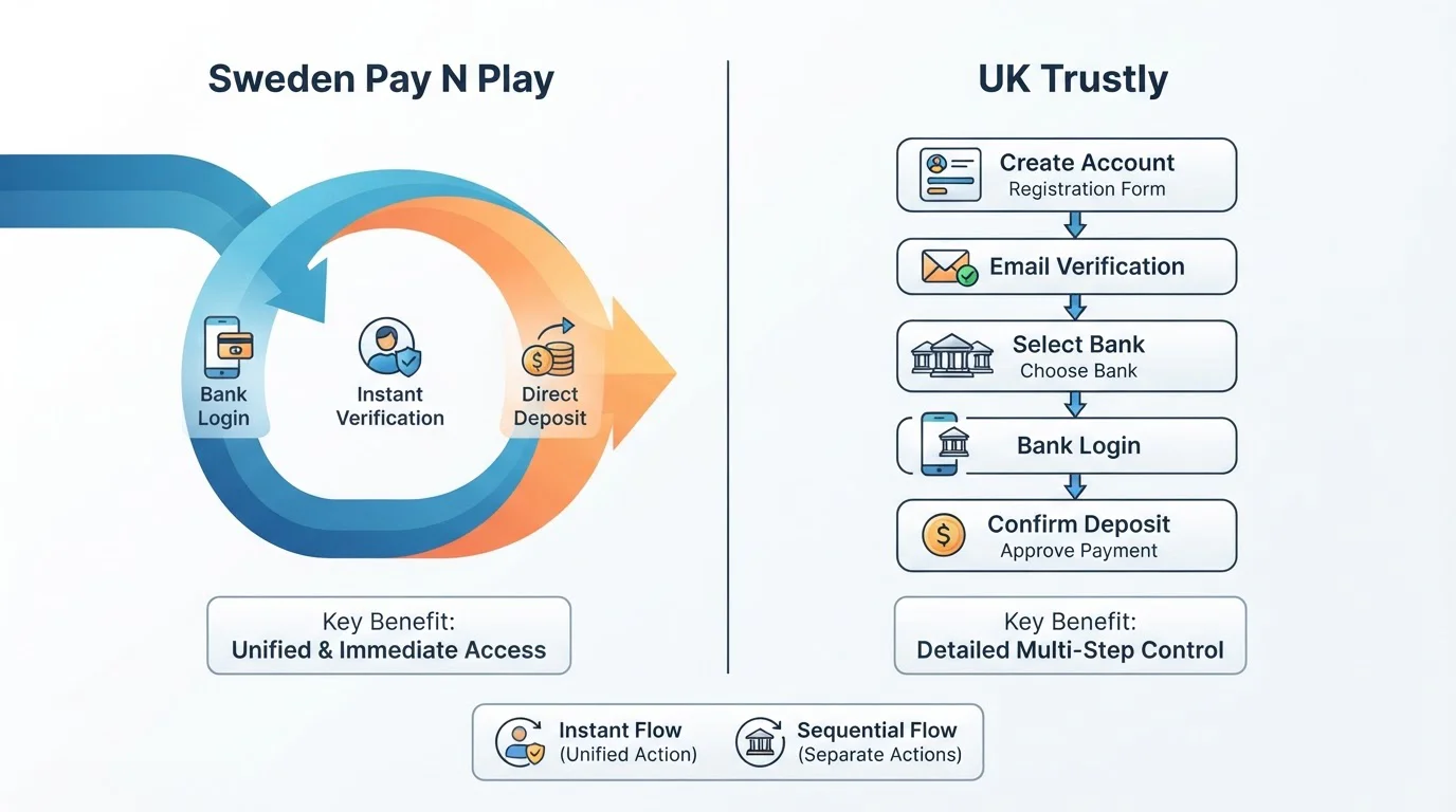Comparison diagram showing Sweden Pay N Play flow versus UK Trustly casino registration sequence