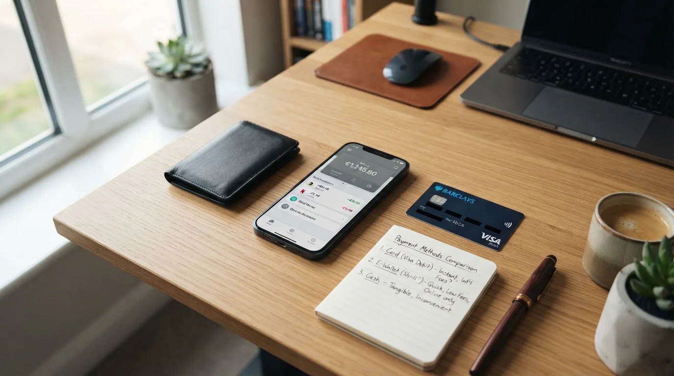 Person at desk reviewing payment method alternatives including debit cards and e-wallets
