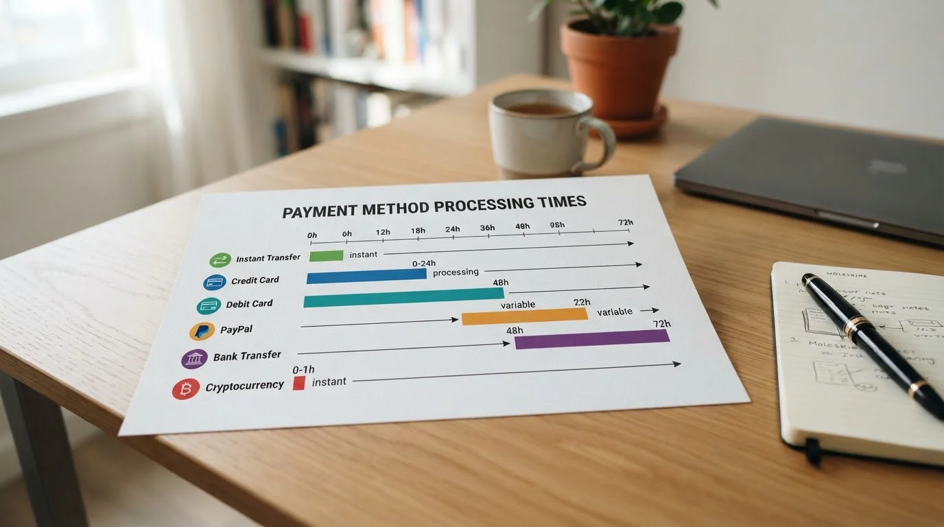 Timeline chart showing deposit and withdrawal processing times for different payment methods