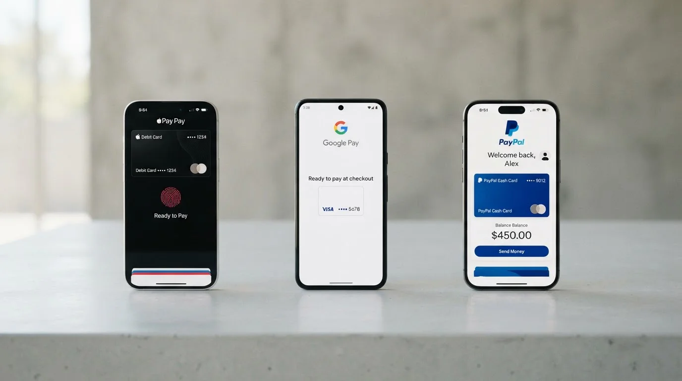 Side-by-side comparison of mobile payment methods: Apple Pay, Google Pay, and PayPal icons